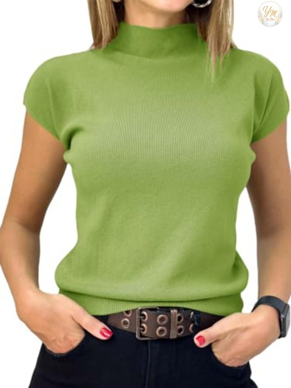 Saodimallsu Womens Short Sleeve Mock Neck Sweater Knit Pullover Top